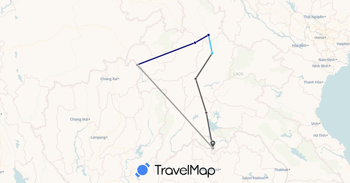 TravelMap itinerary: driving, plane, boat, motorbike in Laos (Asia)